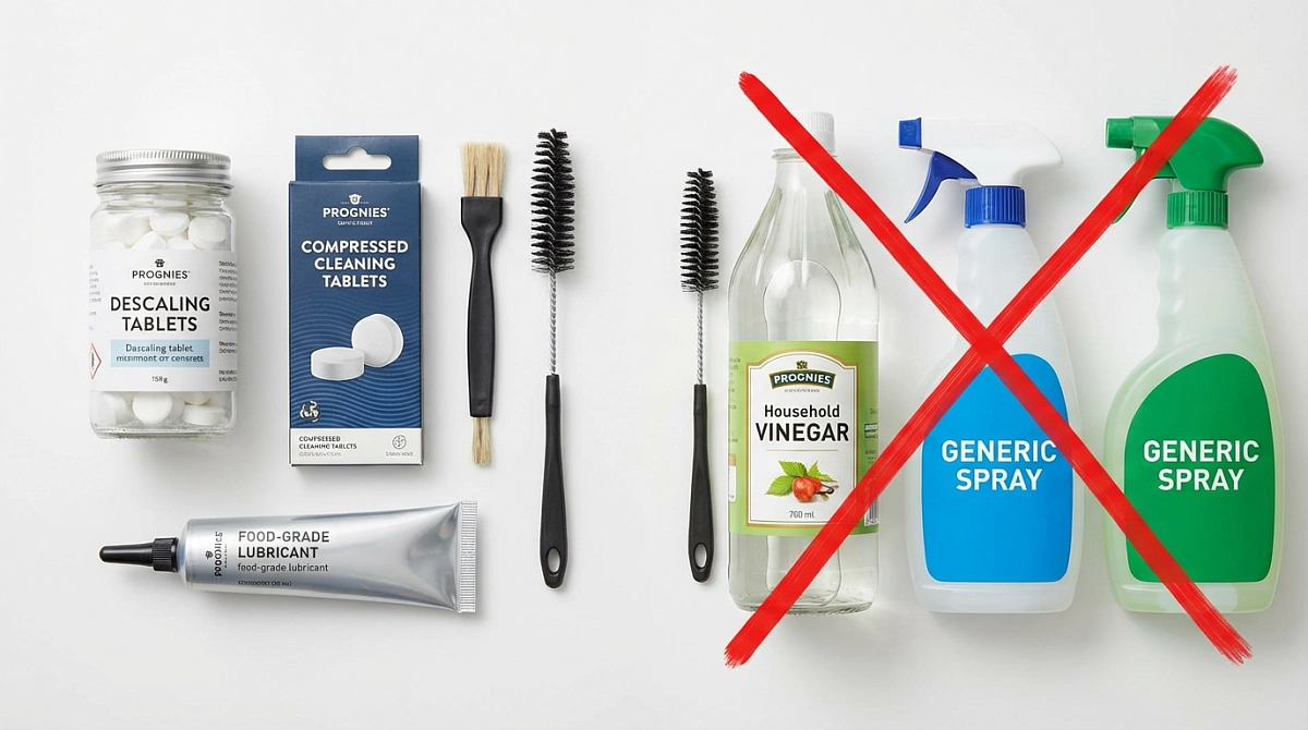 Слева — правильные средства для ухода, справа — то, чем нельзя чистить кофемашину